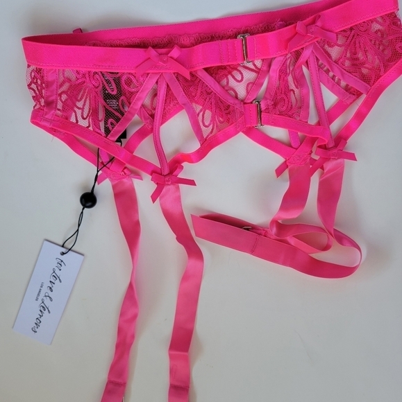 For Love and Lemons Hot Pink Satin Embroidered Garter Belt Size XS - Picture 3 of 7
